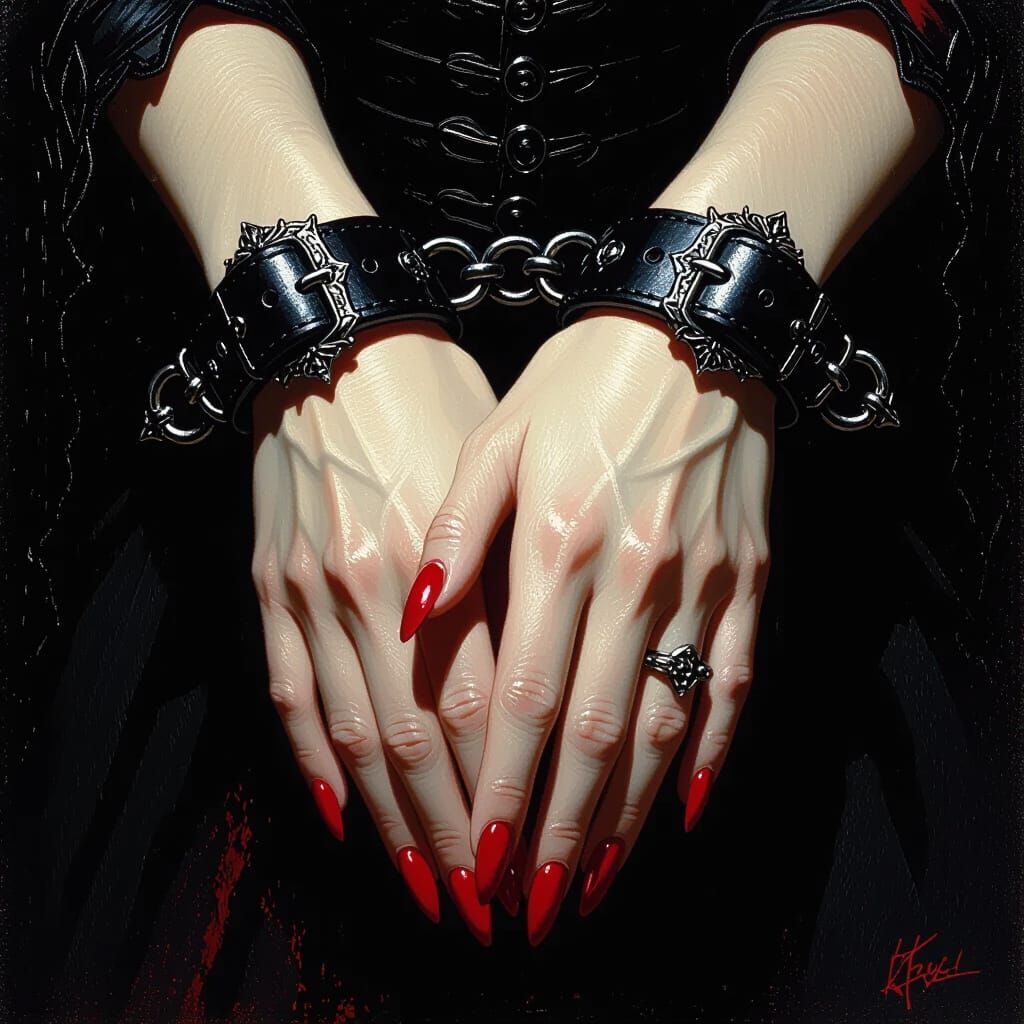 Delicate Hands Shackled in Leather with Silver Buckles