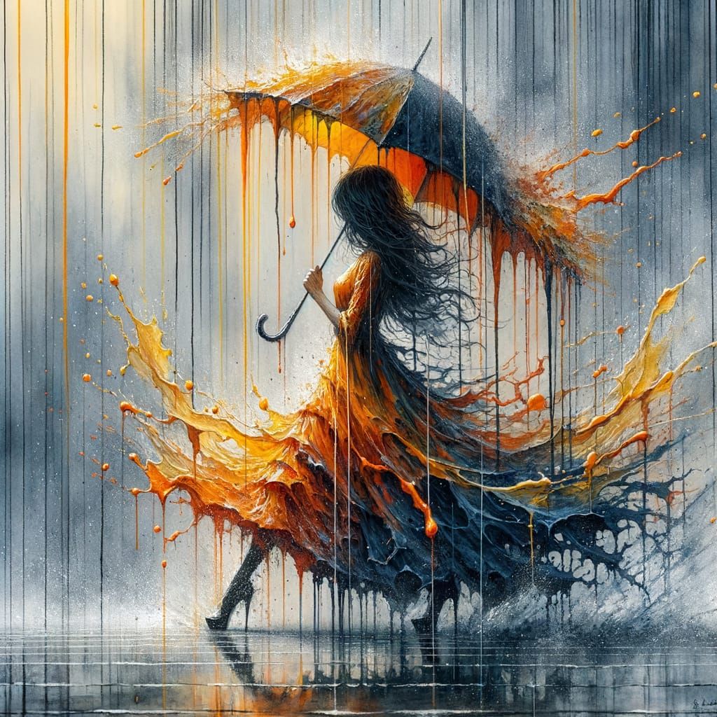 Abstract Expressionist Watercolor: Girl in Rain with Umbrell...