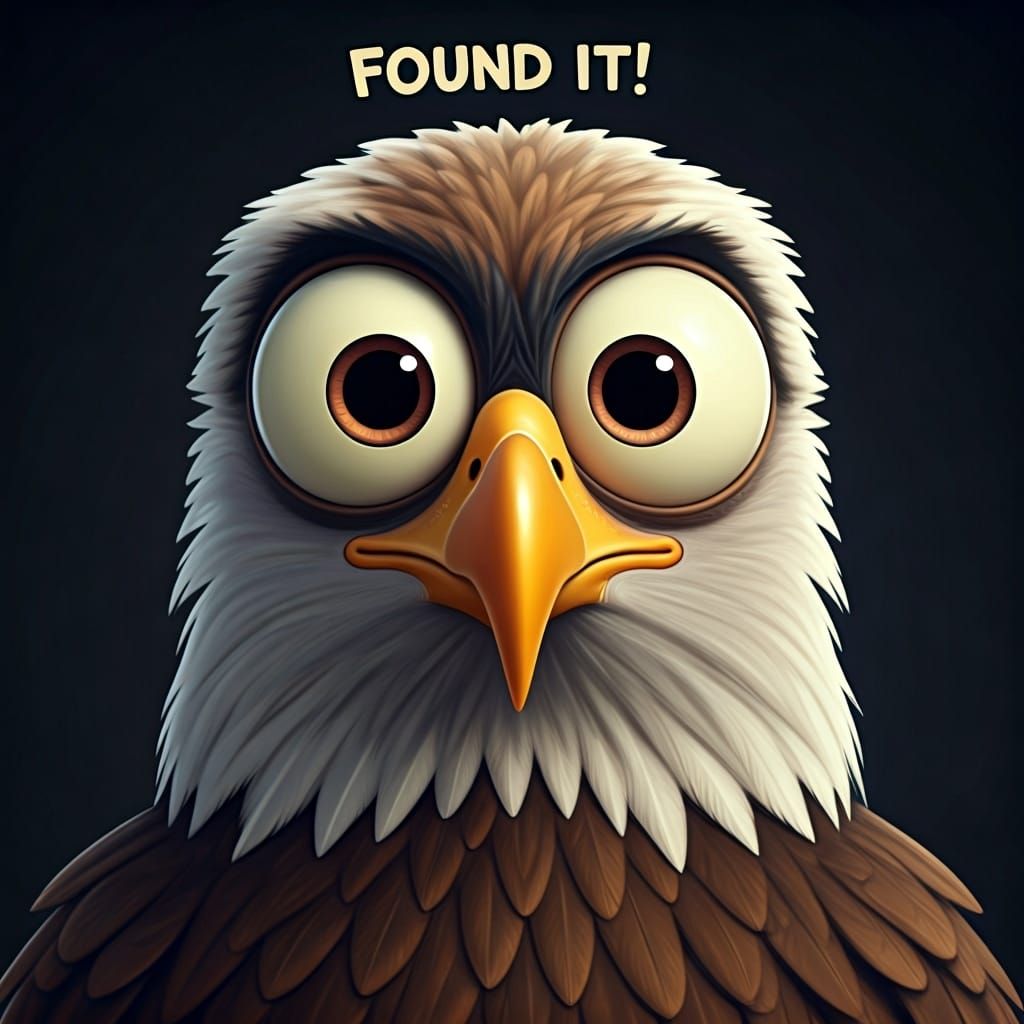 Funny Cartoon Bald Eagle Exclaims "Found It!"