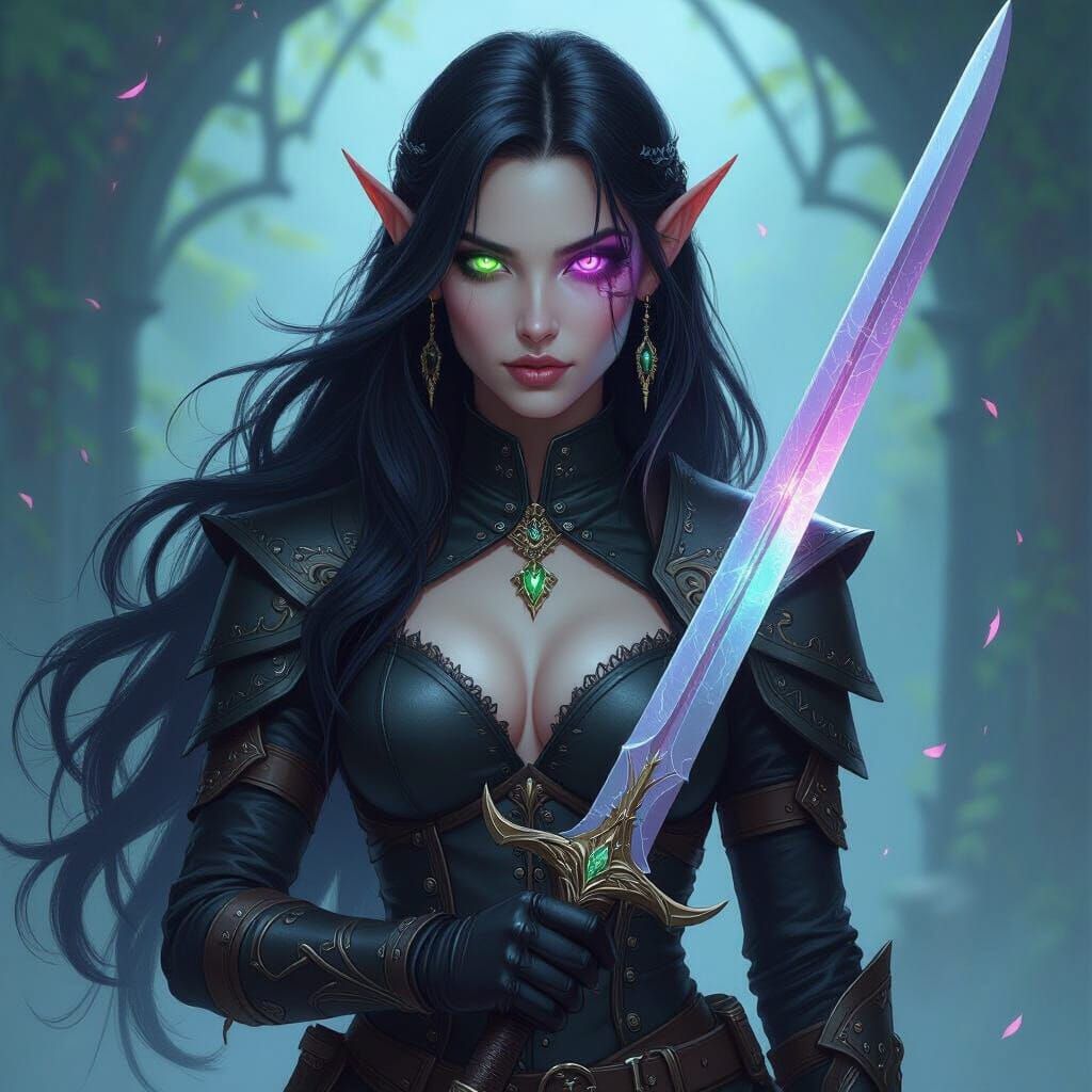 Tiefling Spellsword with Shimmering Sword in Mystical Realm