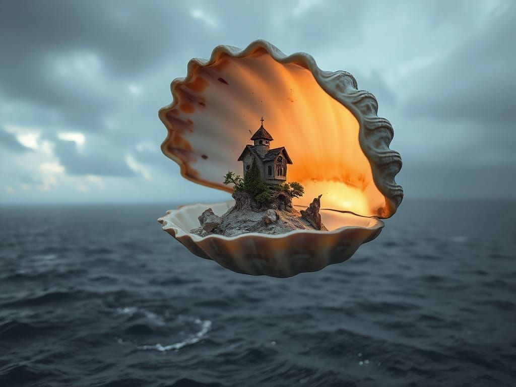 Ethereal Island in Floating Seashell Above Moody Ocean