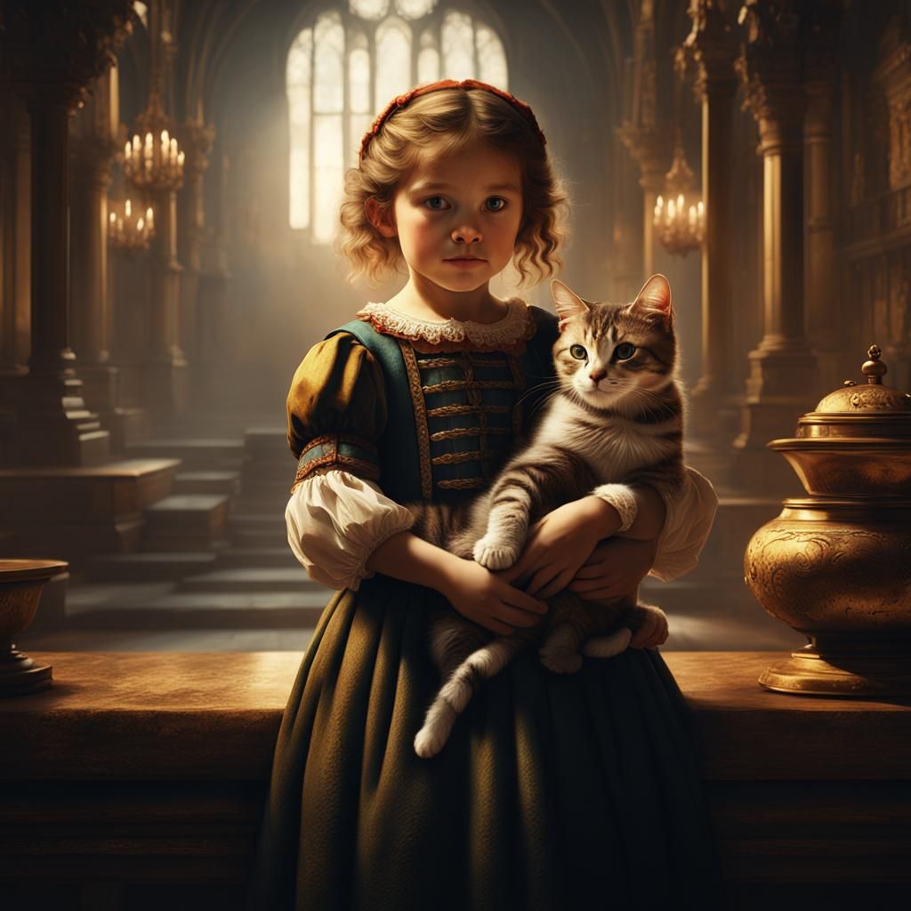 Girl with Cat: Renaissance-Style Detailed Painting