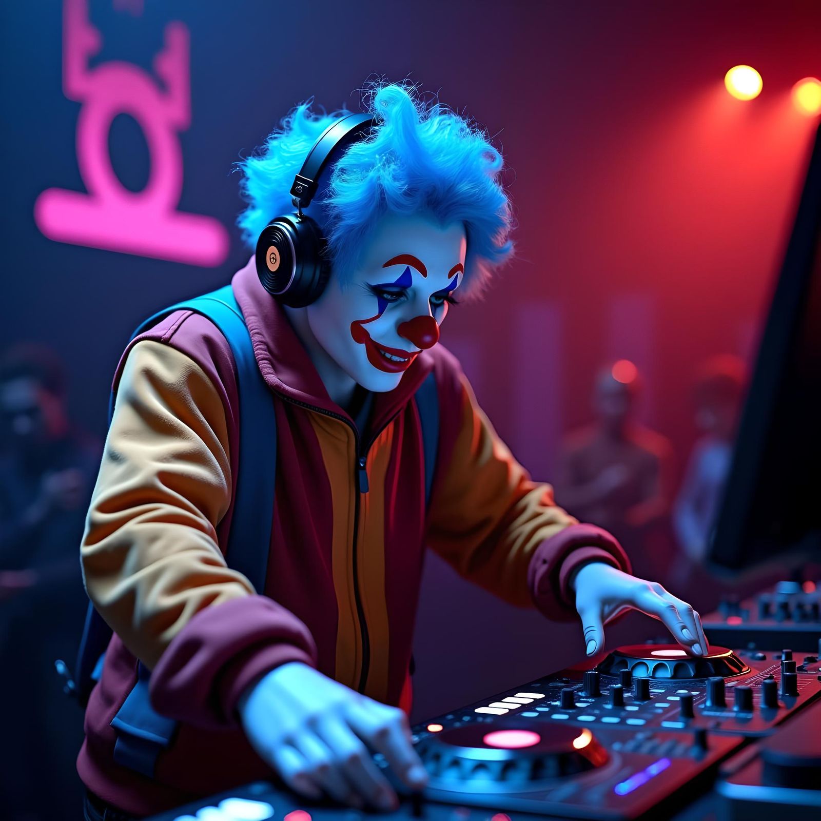 Blue-Haired Clown DJ in Nightclub, HD