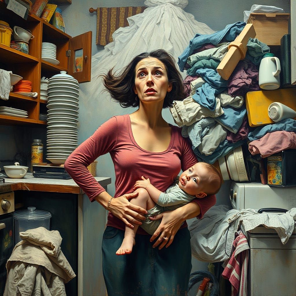 A Mother's Turmoil in a Cluttered Kitchen