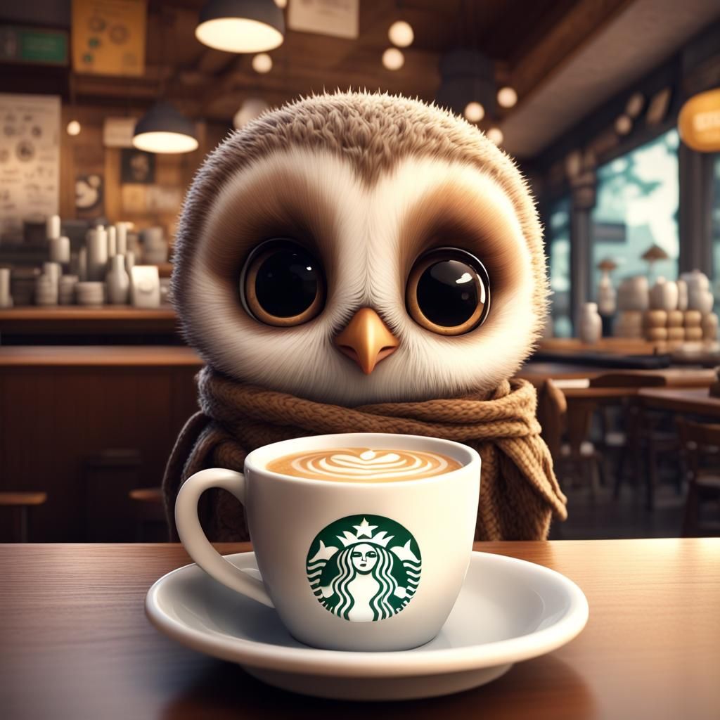 Chibi Owl in Starbucks, 3D Digital Art