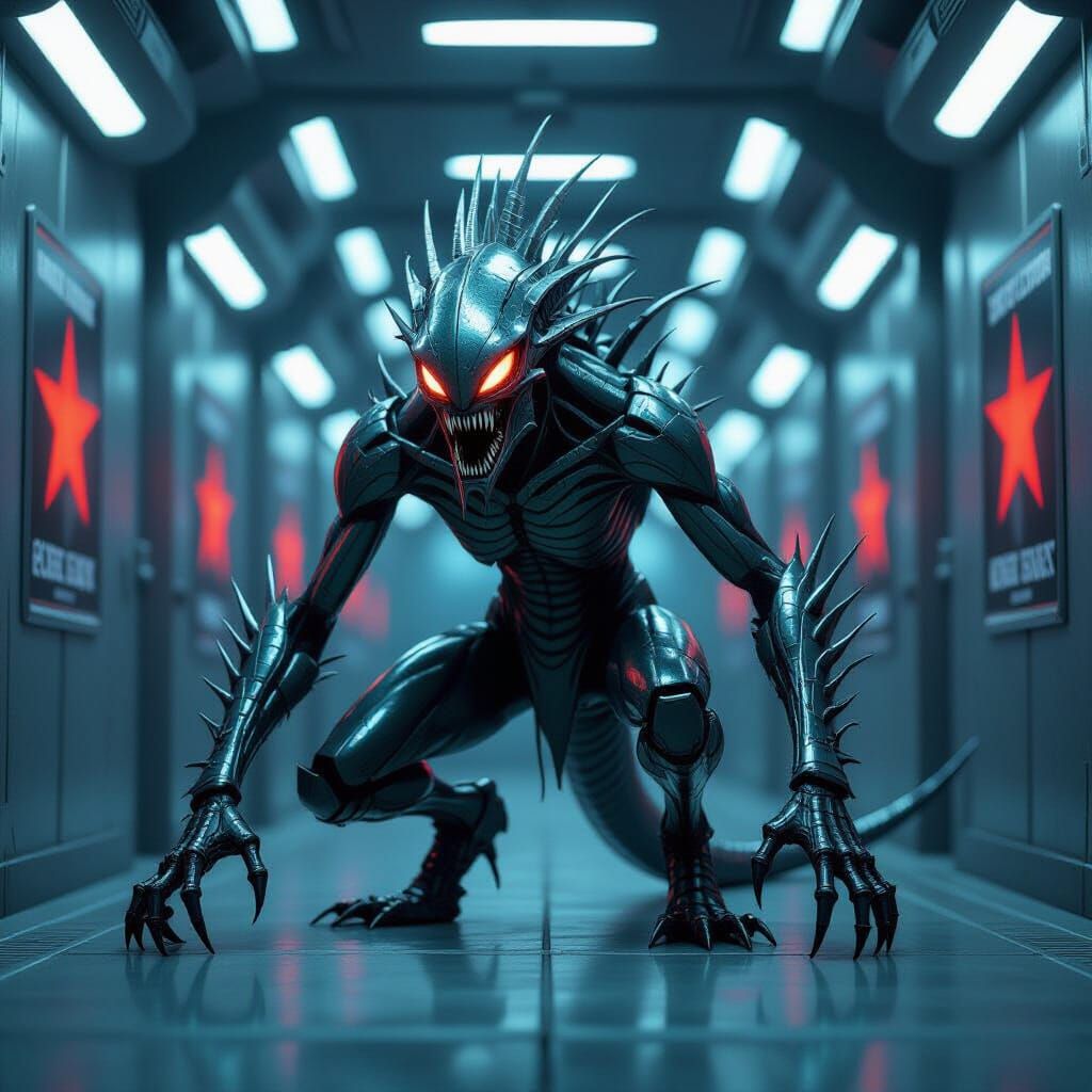Prismatic Metal Alien Creature in Futuristic Hallway