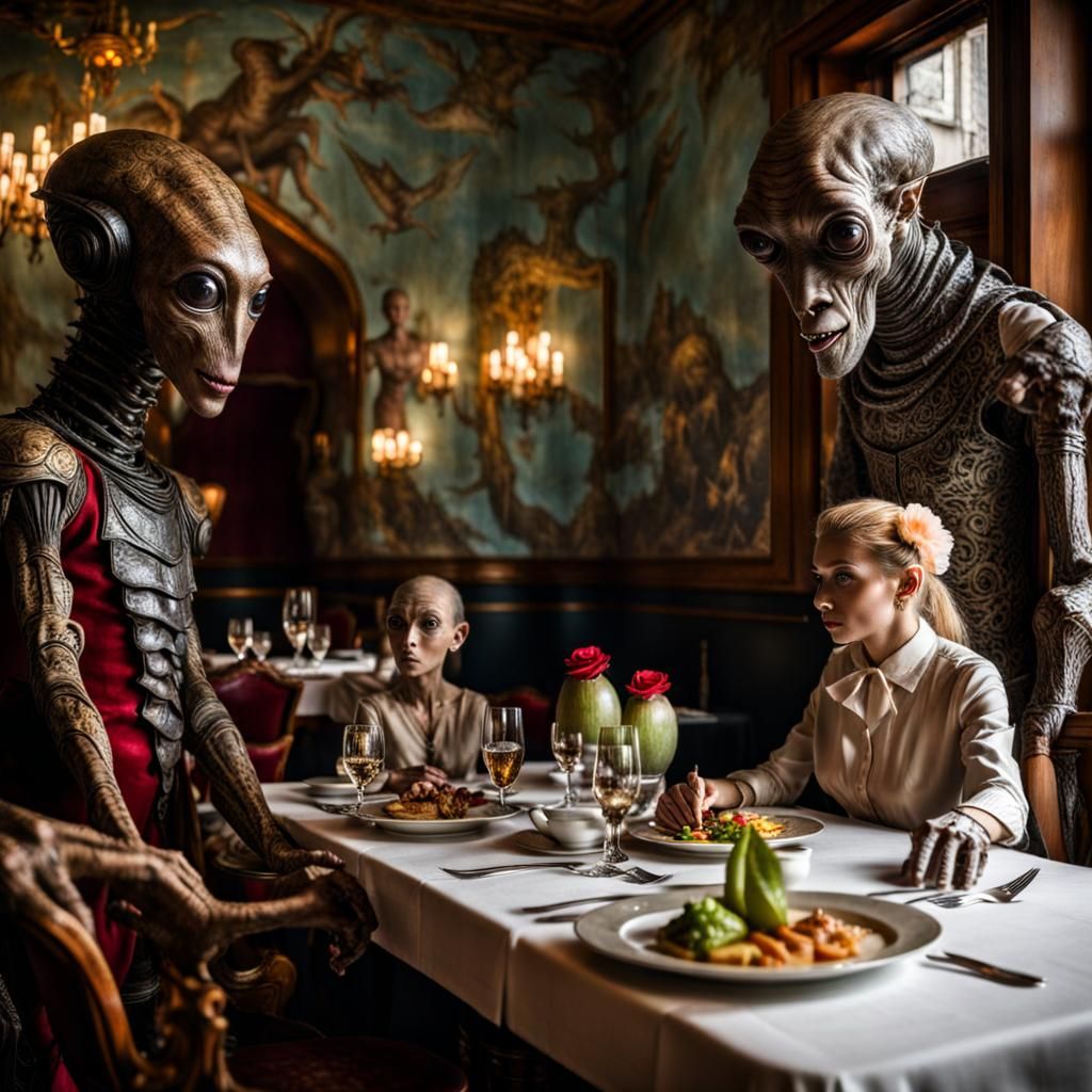 Surreal Alien Restaurant Celebration in Gritty Style