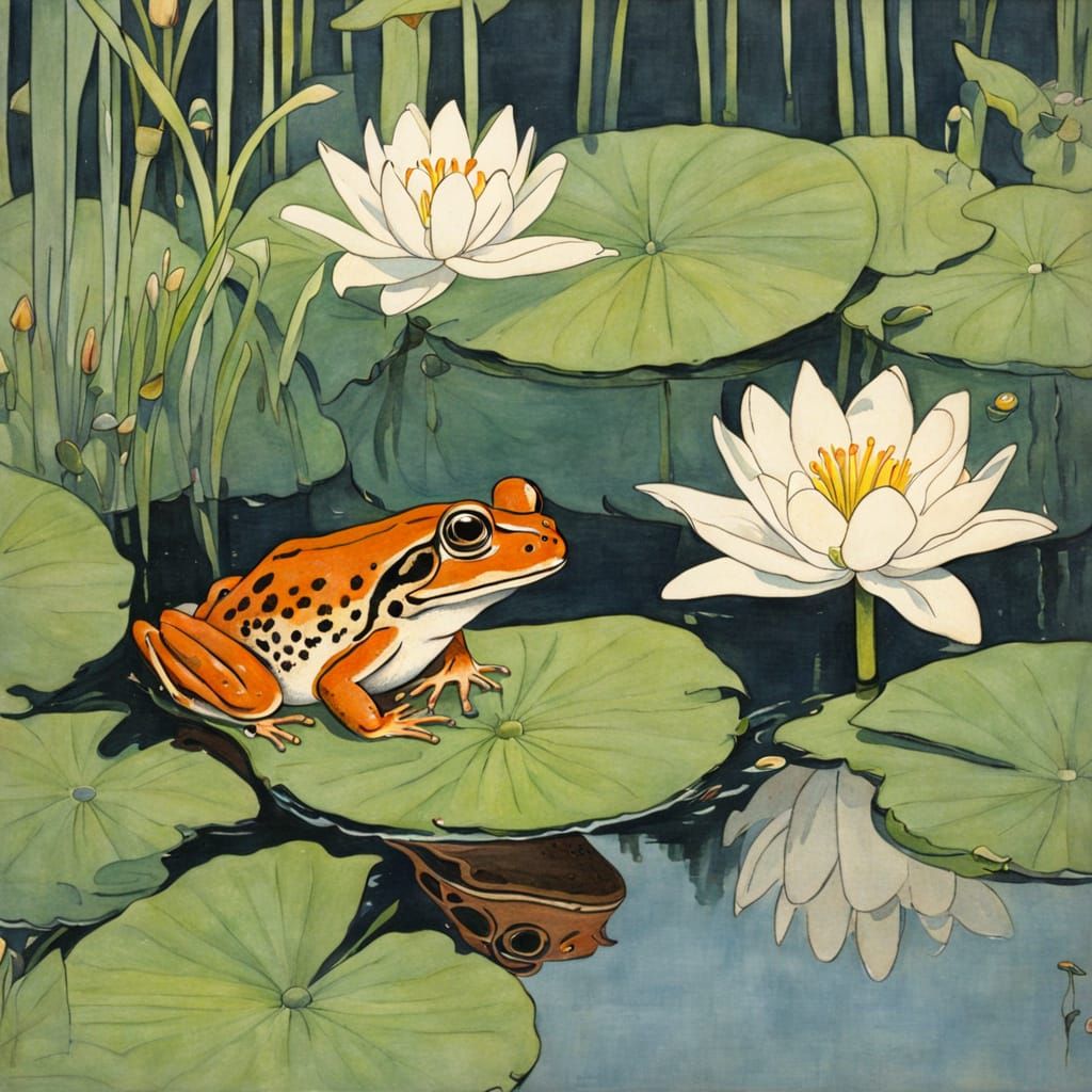 Frog Sees Prince Reflection in Lily Pond - 1920s Illustratio...