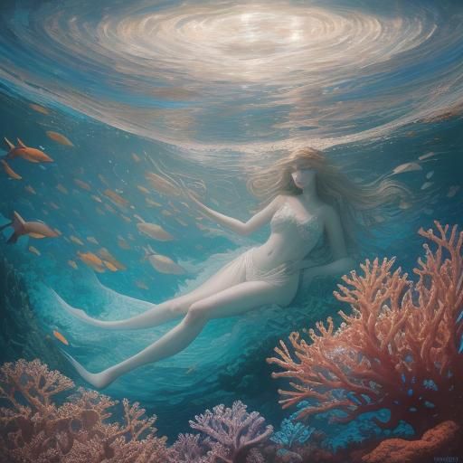 Sea Vampire in Coral Reef: Symbolist Oil Painting