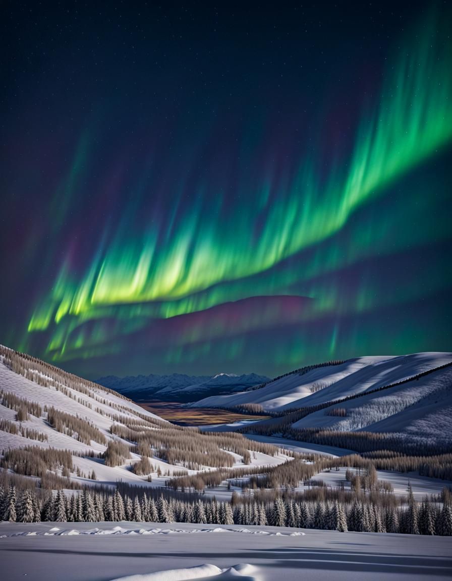 Aurora Borealis Over Snowy Valley in Stained Glass Style