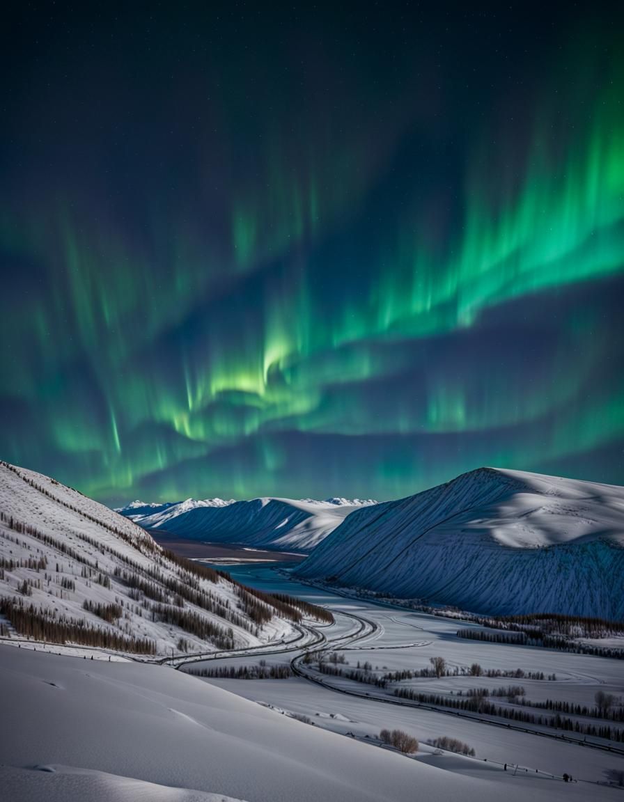 Aurora Borealis Over Snowy Valley in Stained Glass Style