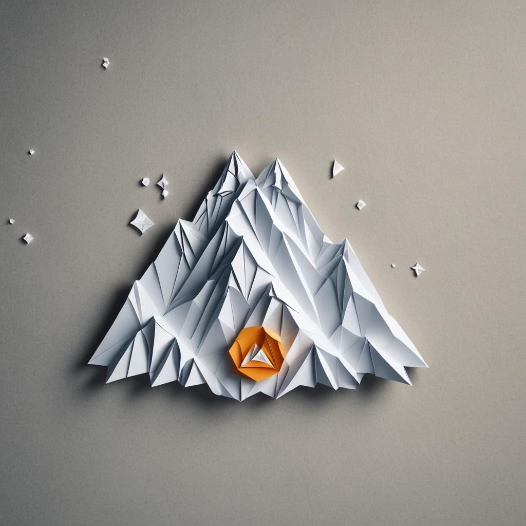 Origami Mountain Logo in Snow, Papercraft Style