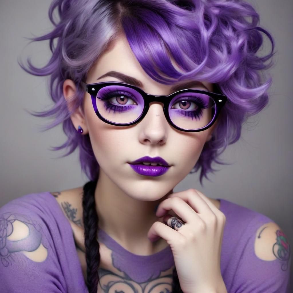 Femme pulpeuse, tatouée, portant des lunettes et un piercing, avec des yeux captivants, des cheveux longs et bouclés vio...