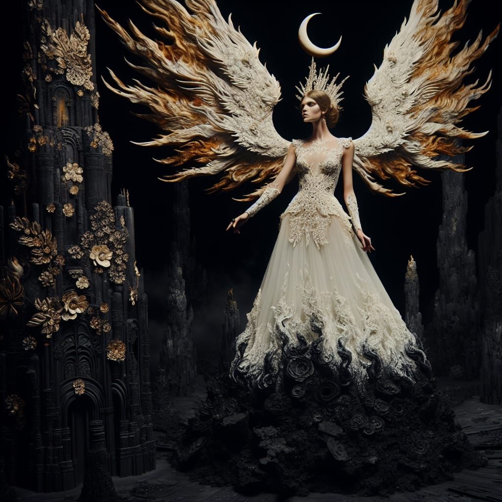 Enigmatic Woman with Fiery Wings in Moonlit Obsidian Scene