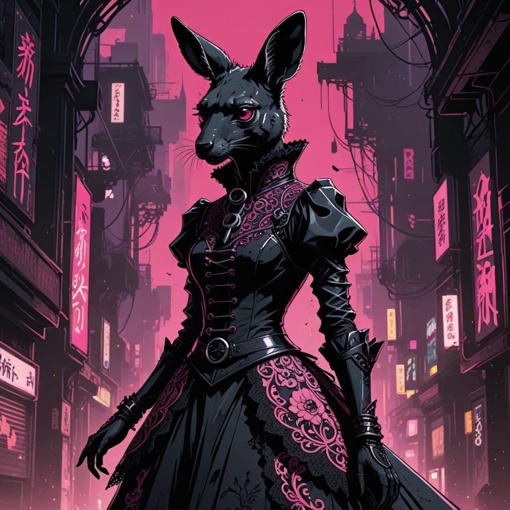 Gothic Kangaroo Girl in Victorian Cyberpunk Attire