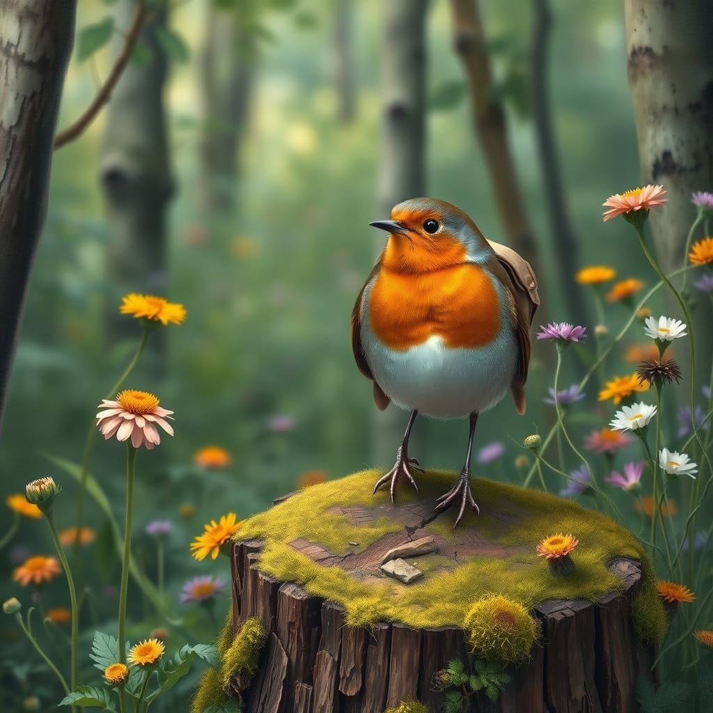 Robin with Backpack in Lush Forest