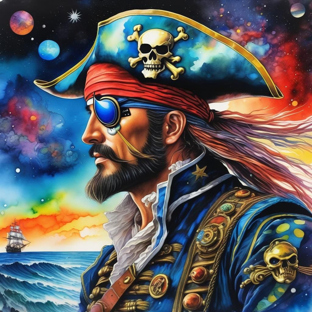 Galactic Manga Pirate in Wet Watercolour