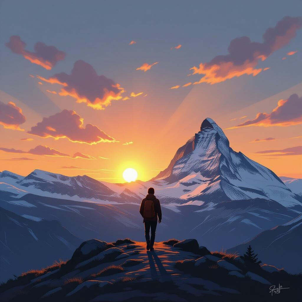 Person at Mountain Edge in Charcoal Drawing Style