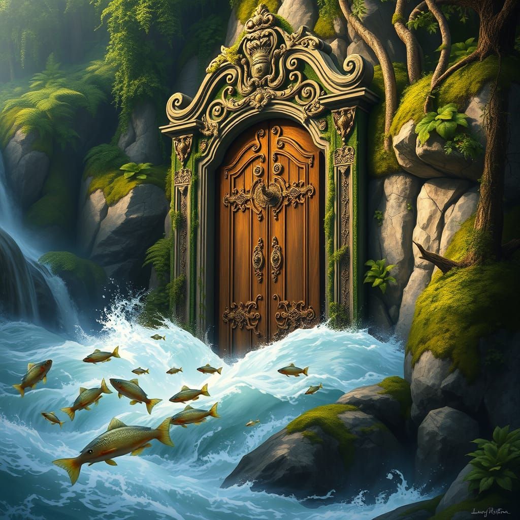Ornate Doorway in Waterfall, Digital Fantasy Painting