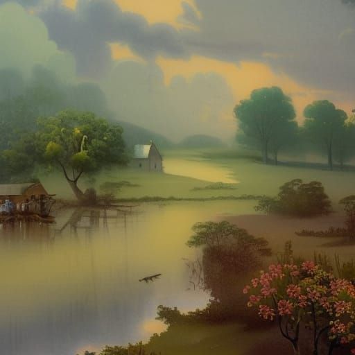 Flower Village Cottage Painting in Gouache Style