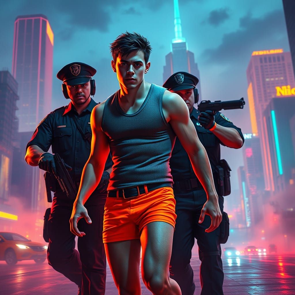 Dramatic Arrest in Neon Cityscape