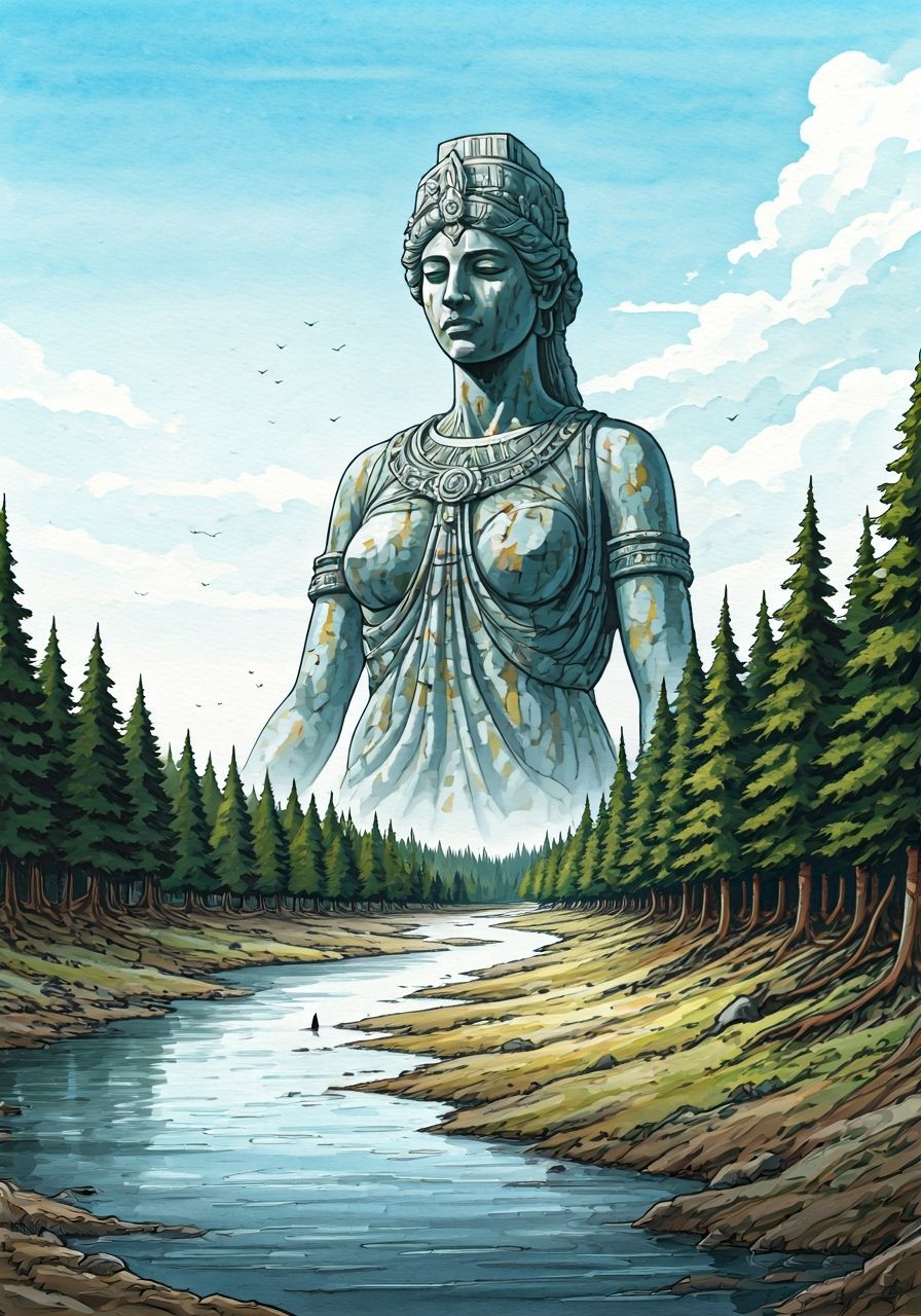 Ancient Pagan Goddess Statue Overlooking River in Watercolor