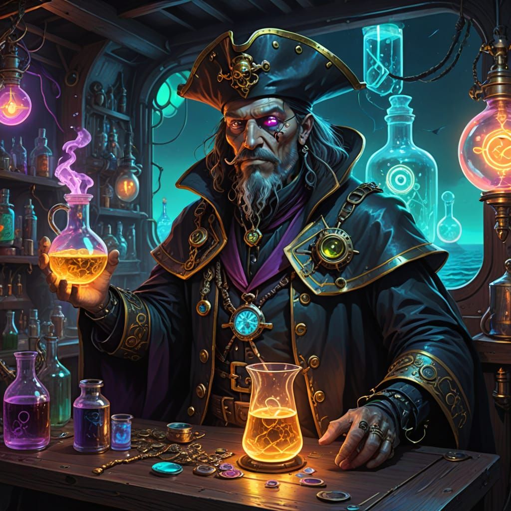 Cybernetic Pirate Alchemist in Retrofuturistic Airship Setti...