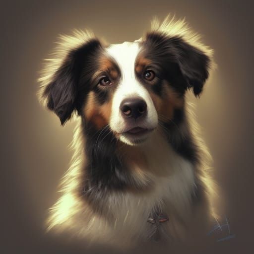 Aussie Shepherd Puppy Portrait in Hyperdetailed Digital Art