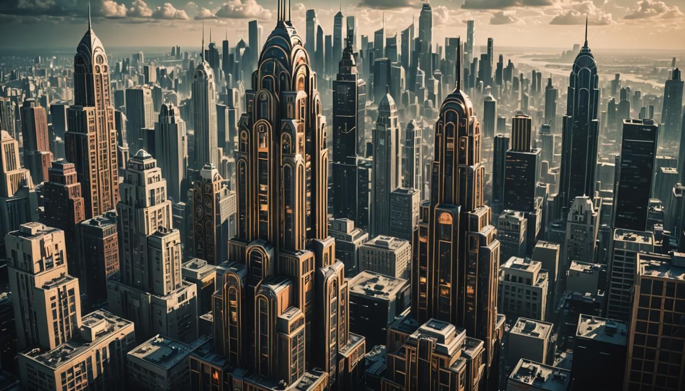 Cyberpunk Cityscape with Art Deco Skyscrapers