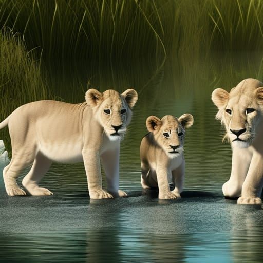 White Lion Cubs at Pond: Detailed Matte Painting