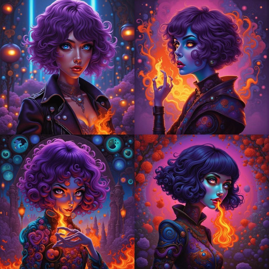 Steampunk Witch Breathing Fire in Cyberpunk Style