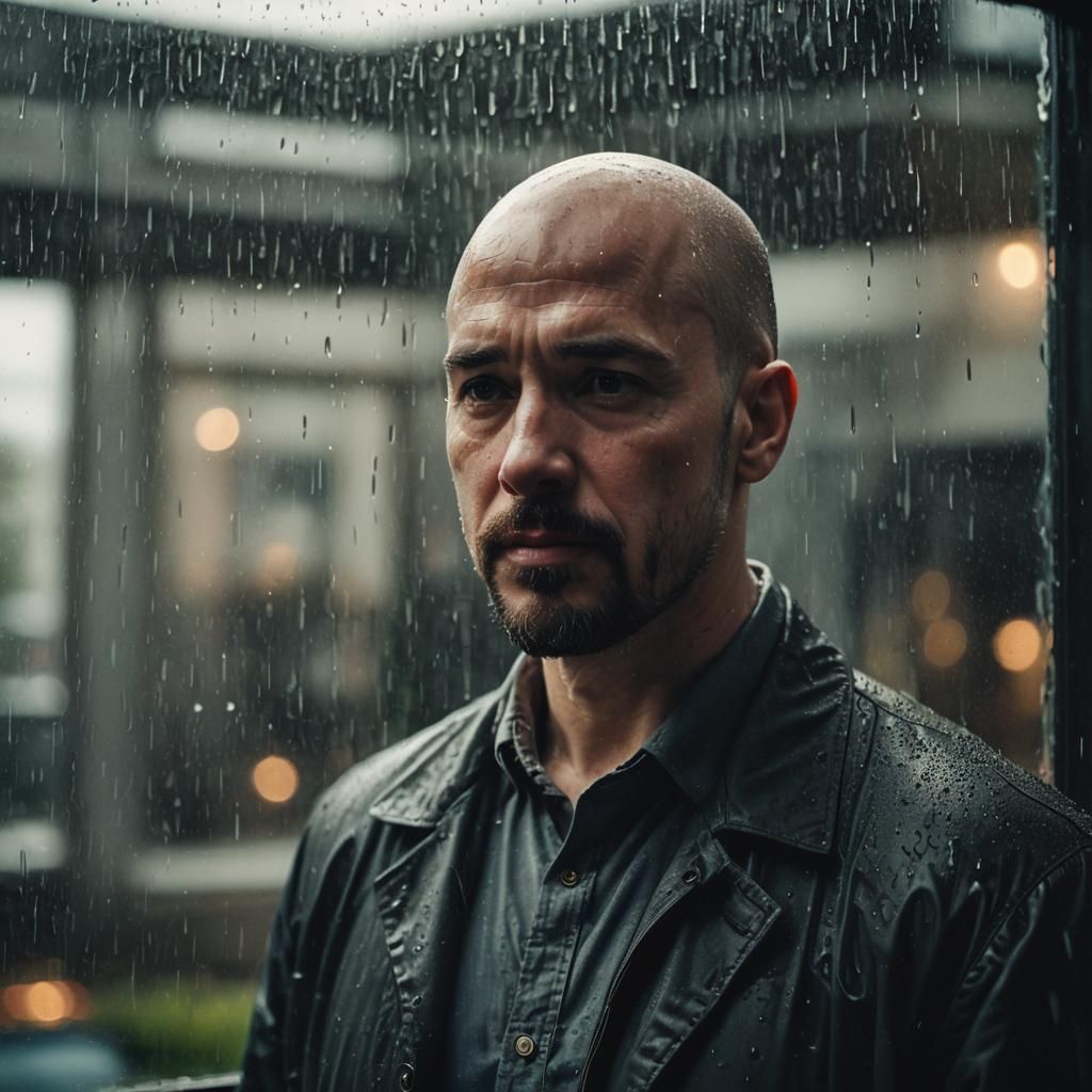 Moody Portrait of Bald Man at Rainy Window