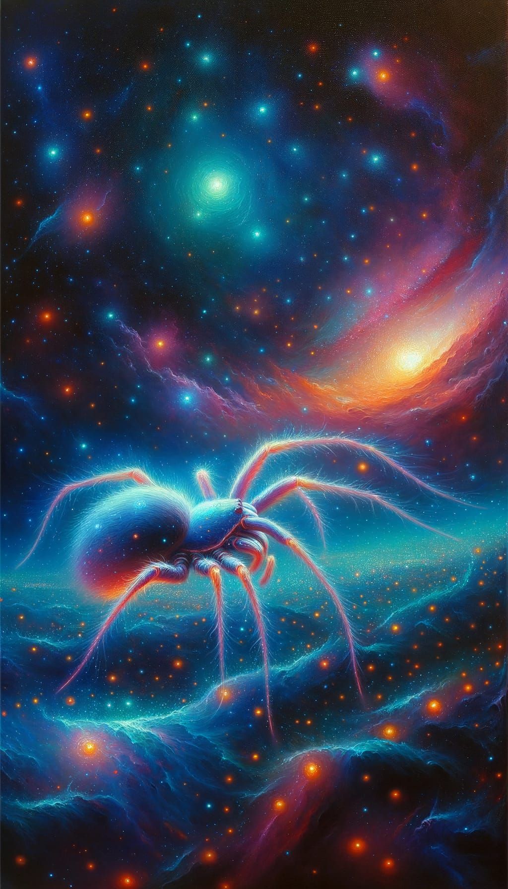 Bioluminescent Spider Drifting Through Starry Ocean