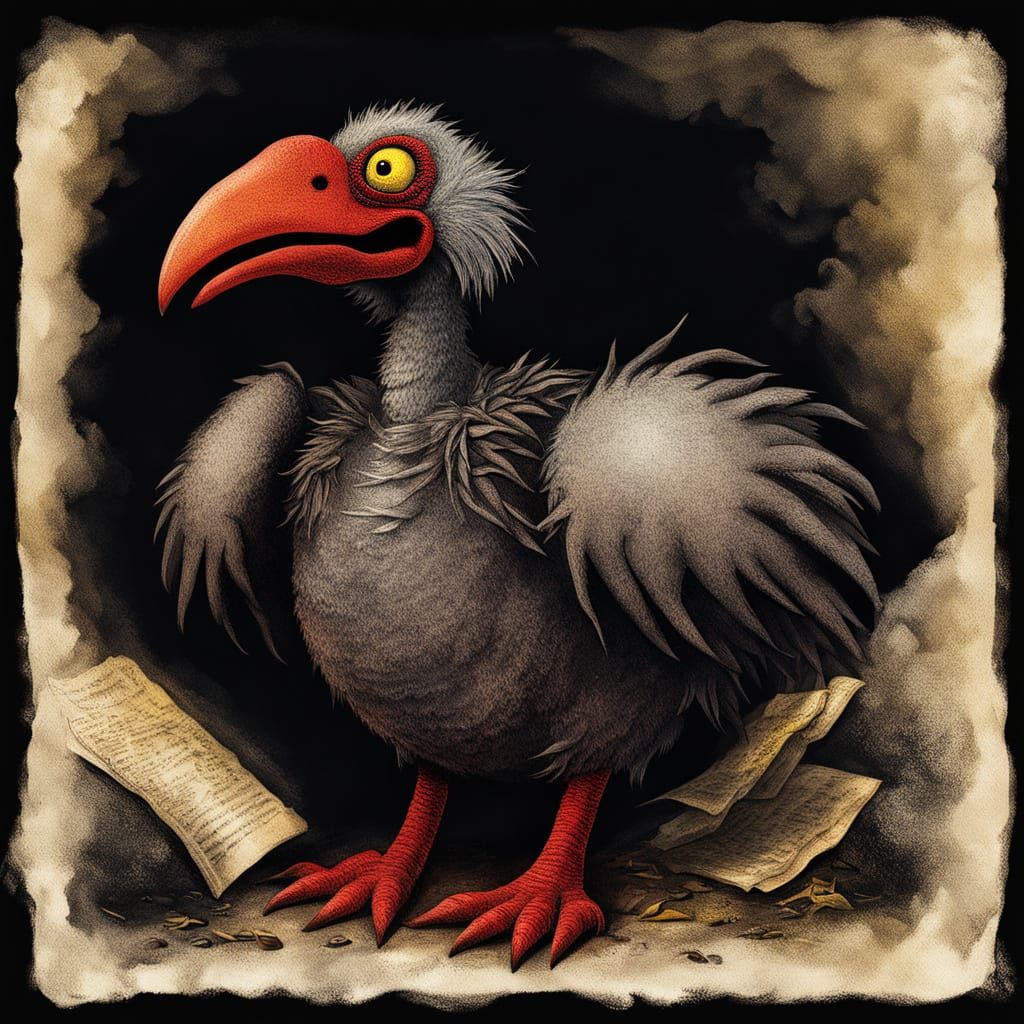 Angry Dodo Bird as Evil Plush Toy in Dark Fantasy Art