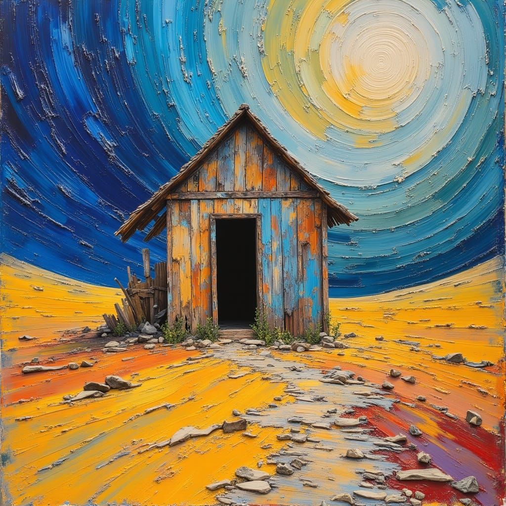 <lora:MJ6 Dark Oil Paint:1.0> Photo of a dilapidated hut with open door and surrounded by sand dunes and whirlwind.