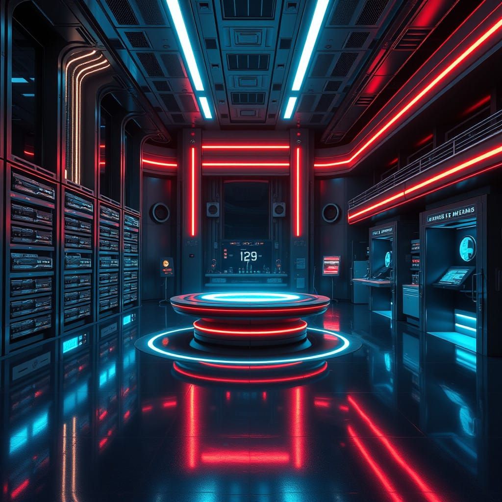 Cyberpunk Lab Exploratory Hub with Neon and Holographic Disp...