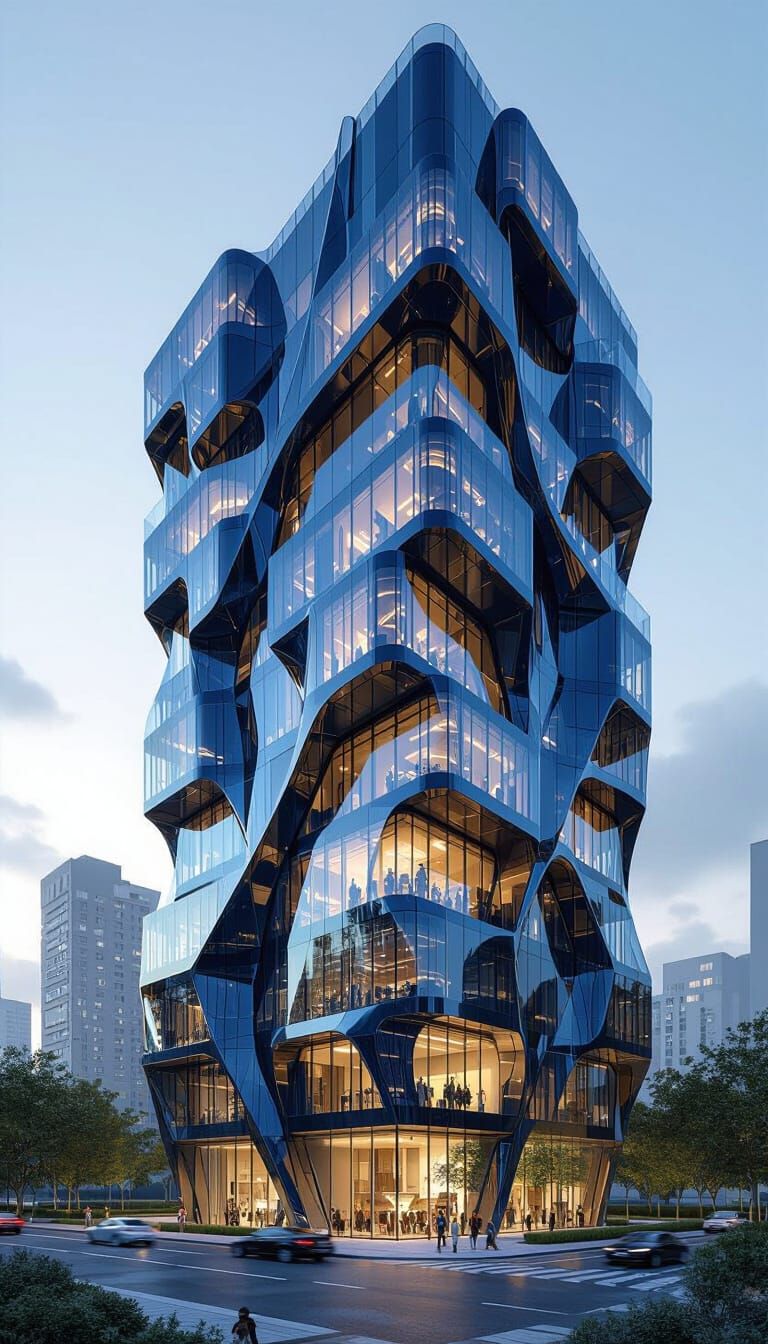 Futuristic Twisted High-Rise Building with Suspended Garden