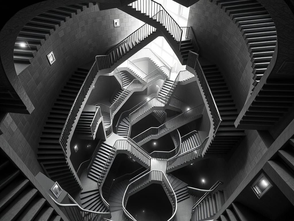 Impossible Staircase Landscapes in High-Contrast Black and W...