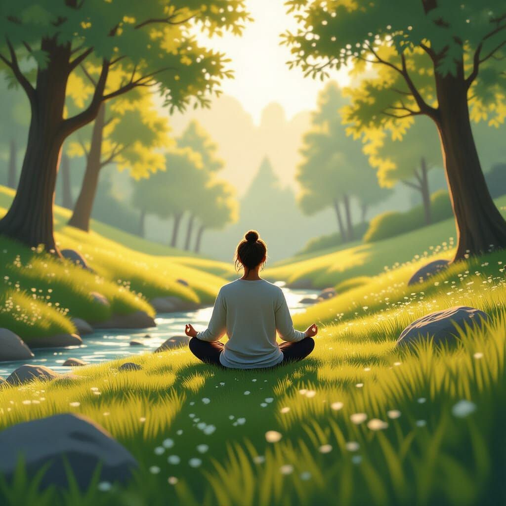 Serene Meditation Scene: Sunlight on Grassy Hill