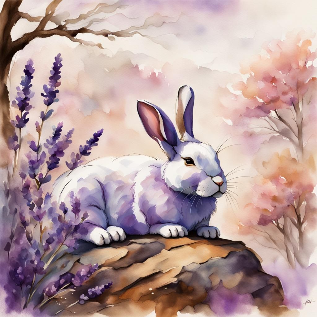 Dreamy Watercolor Rabbit Nap Under Magnolia Tree