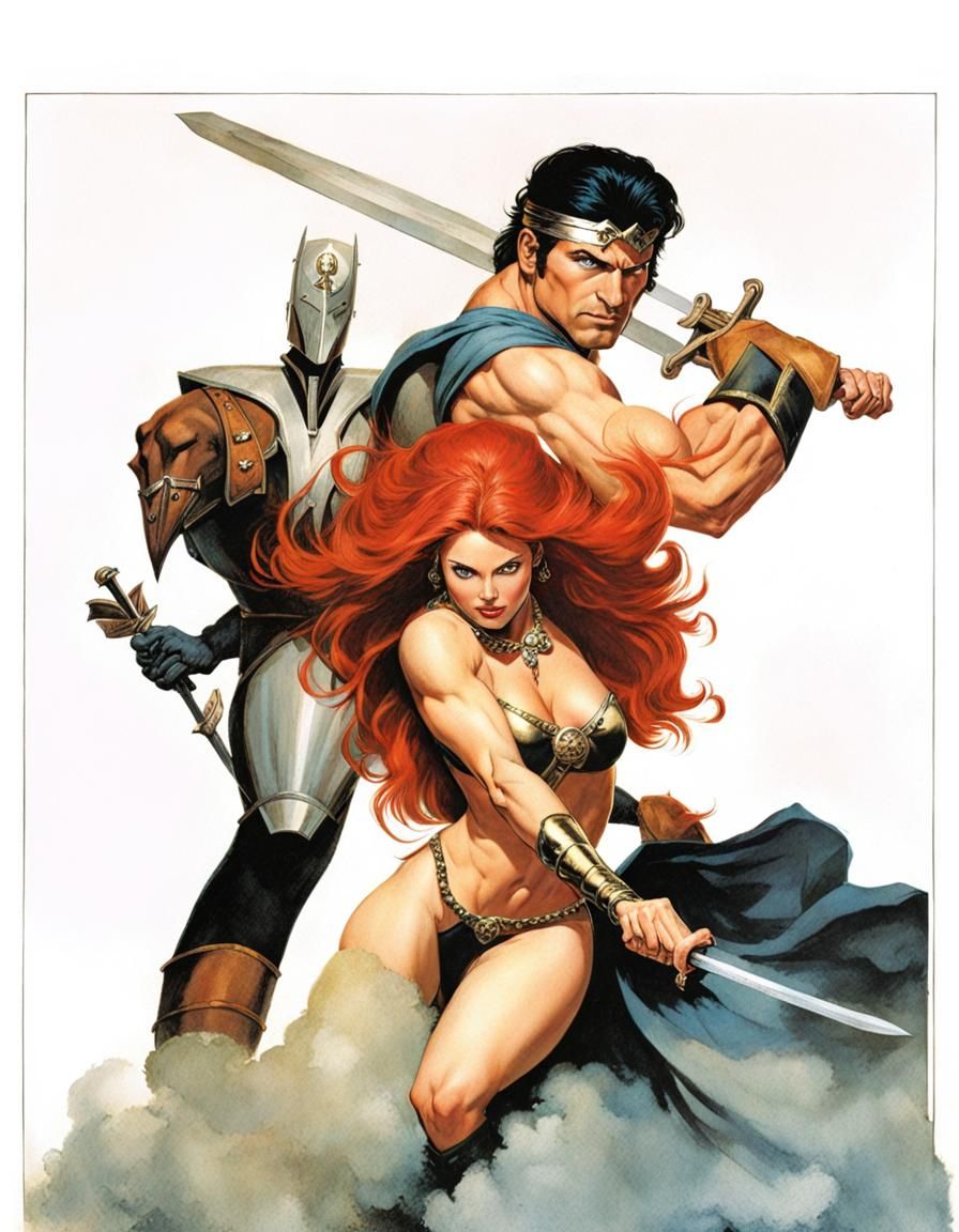 Comic Book Illustration of Two Sword-Wielding Characters