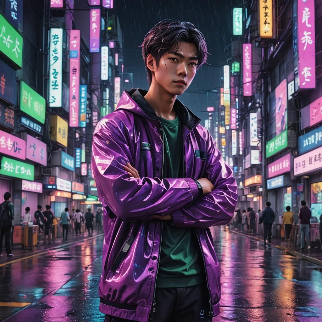 Anime Man in Neon Cityscape at Night