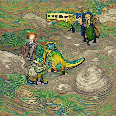 Time Travelers Meet Dinosaur in Van Gogh Style