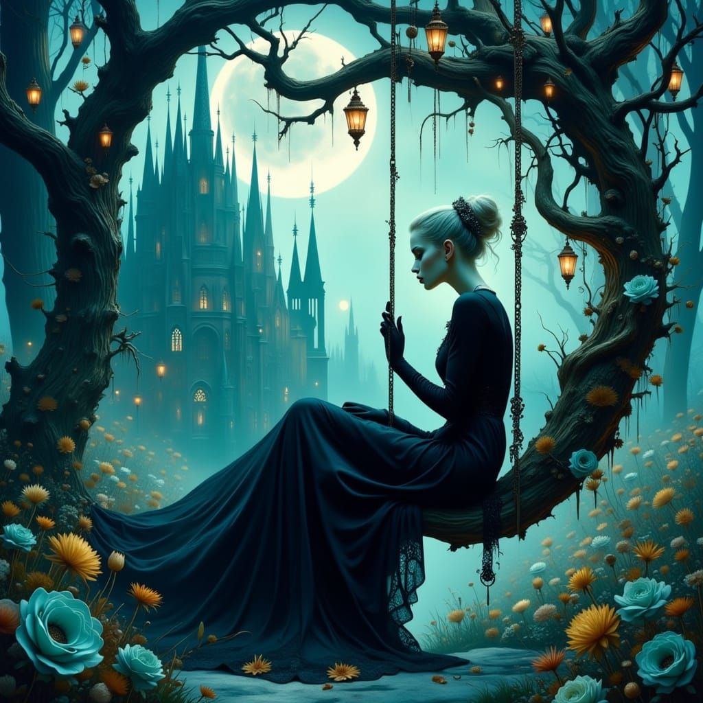 Ethereal Gothic Goddess in a Dreamlike Winter Garden