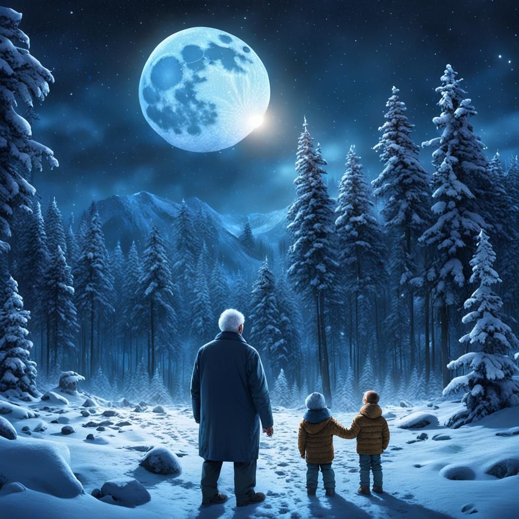 Grandfather and Grandson Watching Moon in Snowy Forest