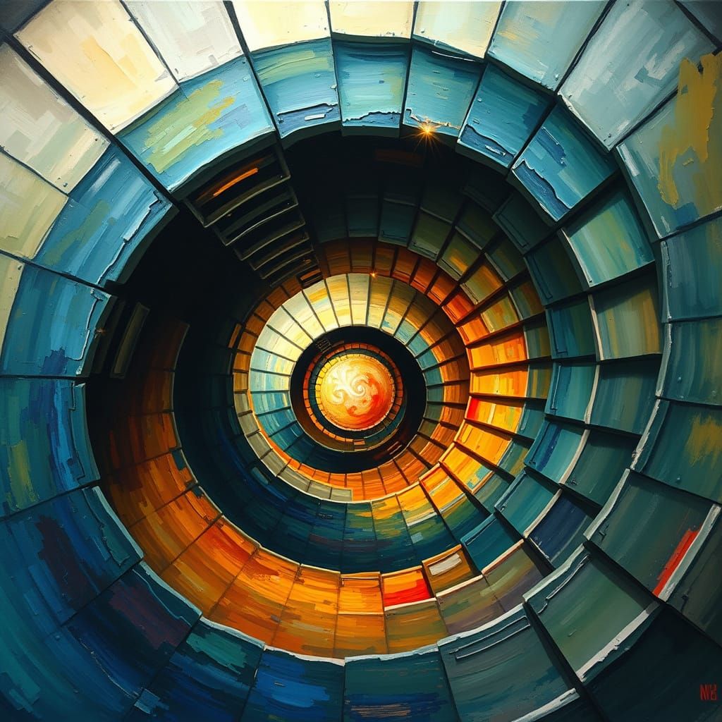 Overhead shot of a spiral staircase leading downwards infinitely