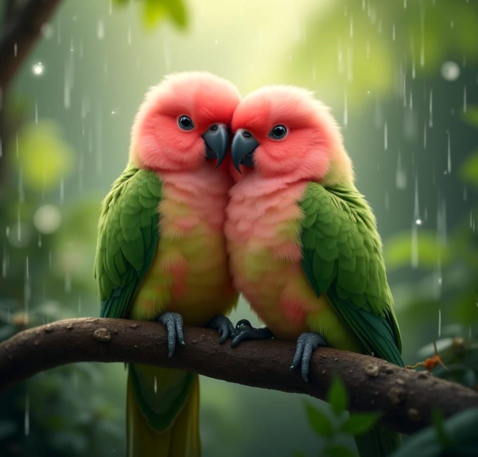 Parrots Snuggle in Tropical Rainforest