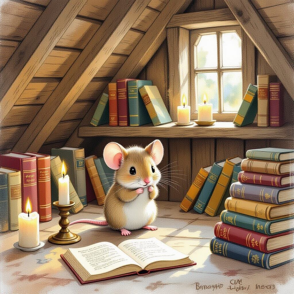 Mouse in Cozy Attic, Whimsical Illustration
