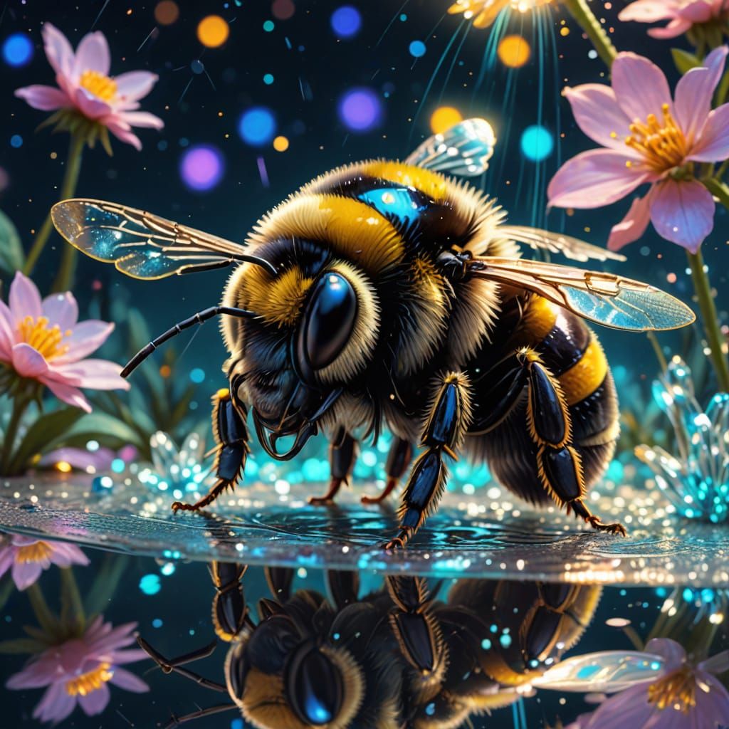 Sleepy Bumblebee on a Sparkling Fountain: Astral Art