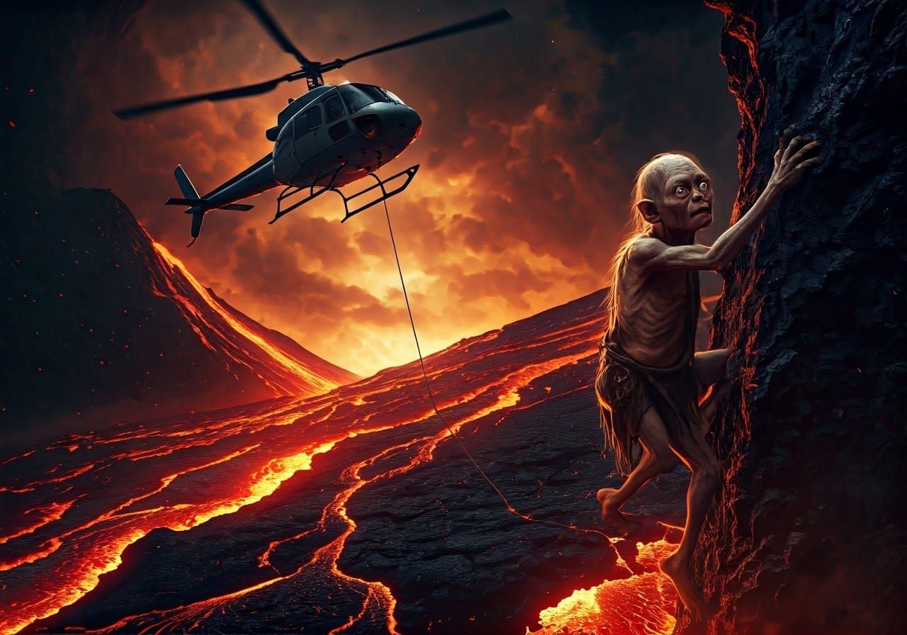 Epic Cinematic Still of Gollum Rescued by Helicopter in Volc...
